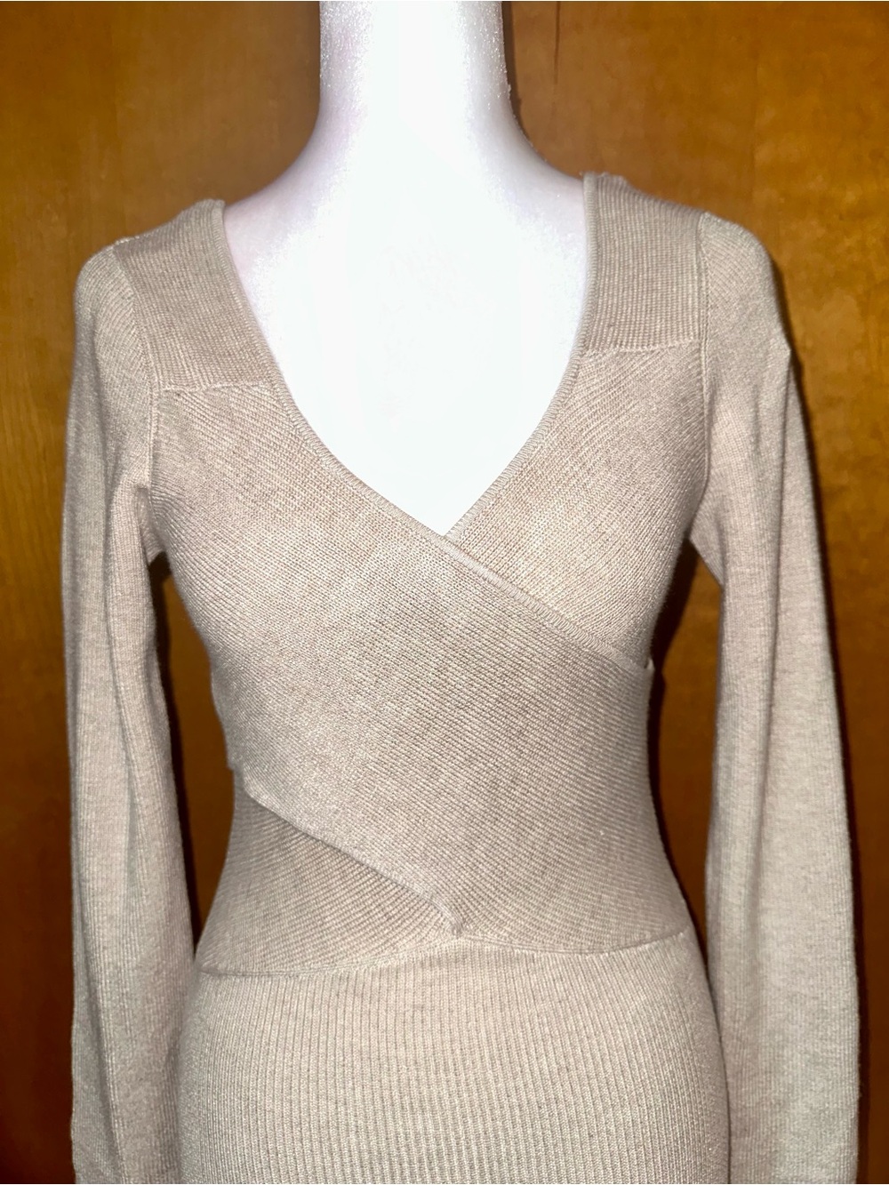 Women's V-Neck Wrap-Style Sweater Dress in Light Beige